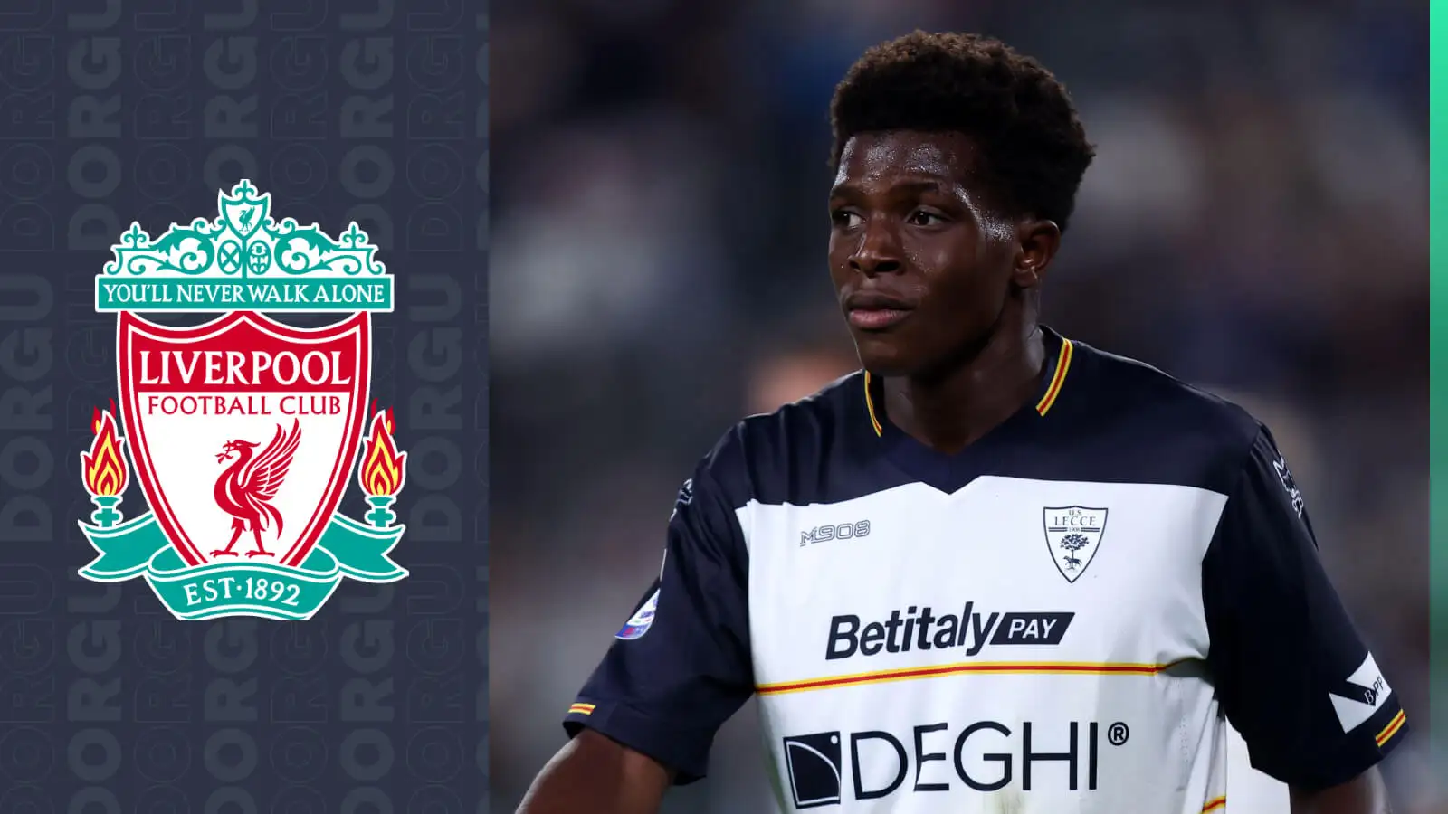 Patrick Dorgu of Lecce is a transfer target for Liverpool
